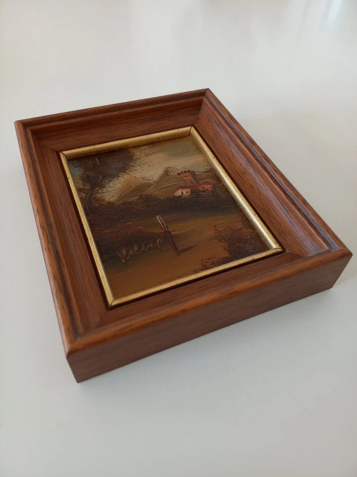 SELTENES KLEINES Ölgemälde auf Kupferplatte inkl. Rahmen | Landschaft / Burg / Italien | Signiert