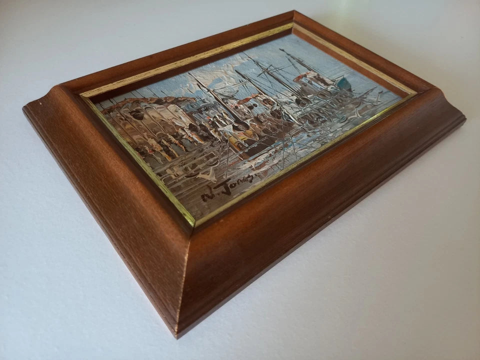 ORIGINAL Ölgemälde auf Karton | Fischerboote im Hafen | 19x14 cm | Signiert: N. JONES