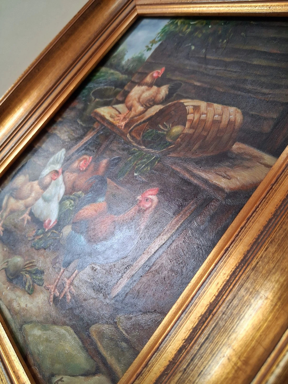 ORIGINAL Ölgemälde auf Holzplatte inkl. Rahmen | Hühnerstall / Bauernhof | Signiert: K. Koll