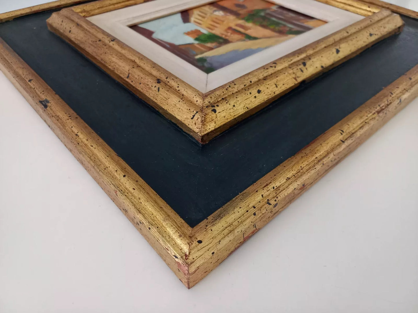 ORIGINAL Ölgemälde auf Karton inkl. Rahmen | Stadtansicht mit Burgturm | 39x35 cm