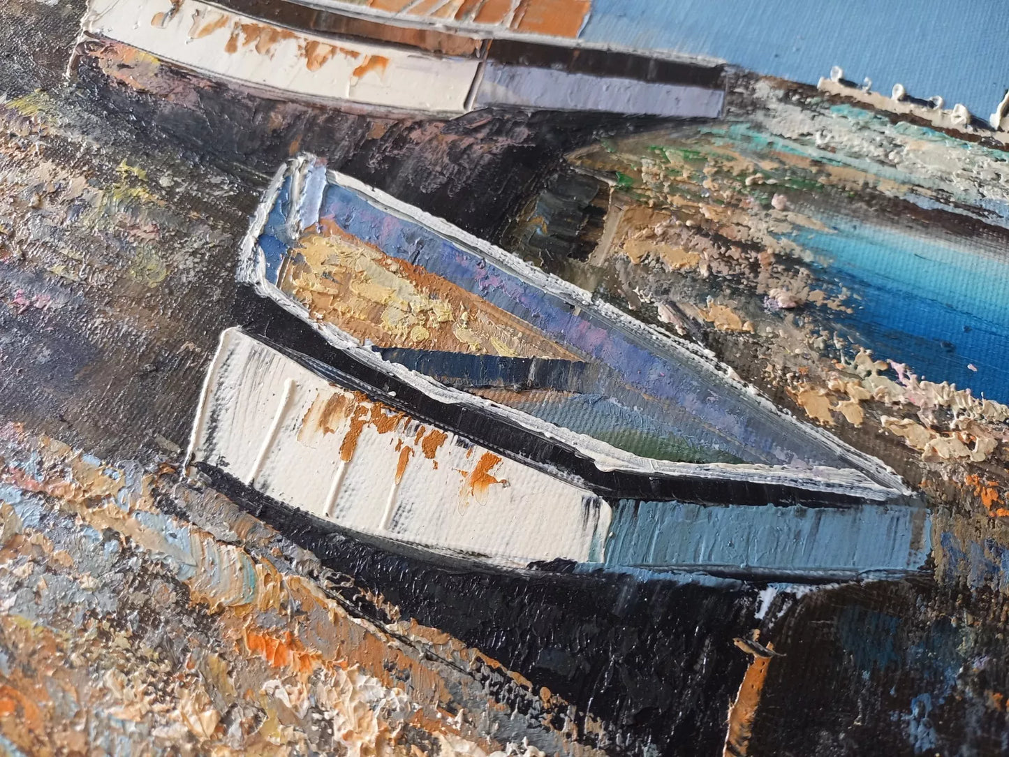 ORIGINAL Ölgemälde auf Leinwand | Fischerboote in der Bretagne / Frankreich | Signiert: TOUAR