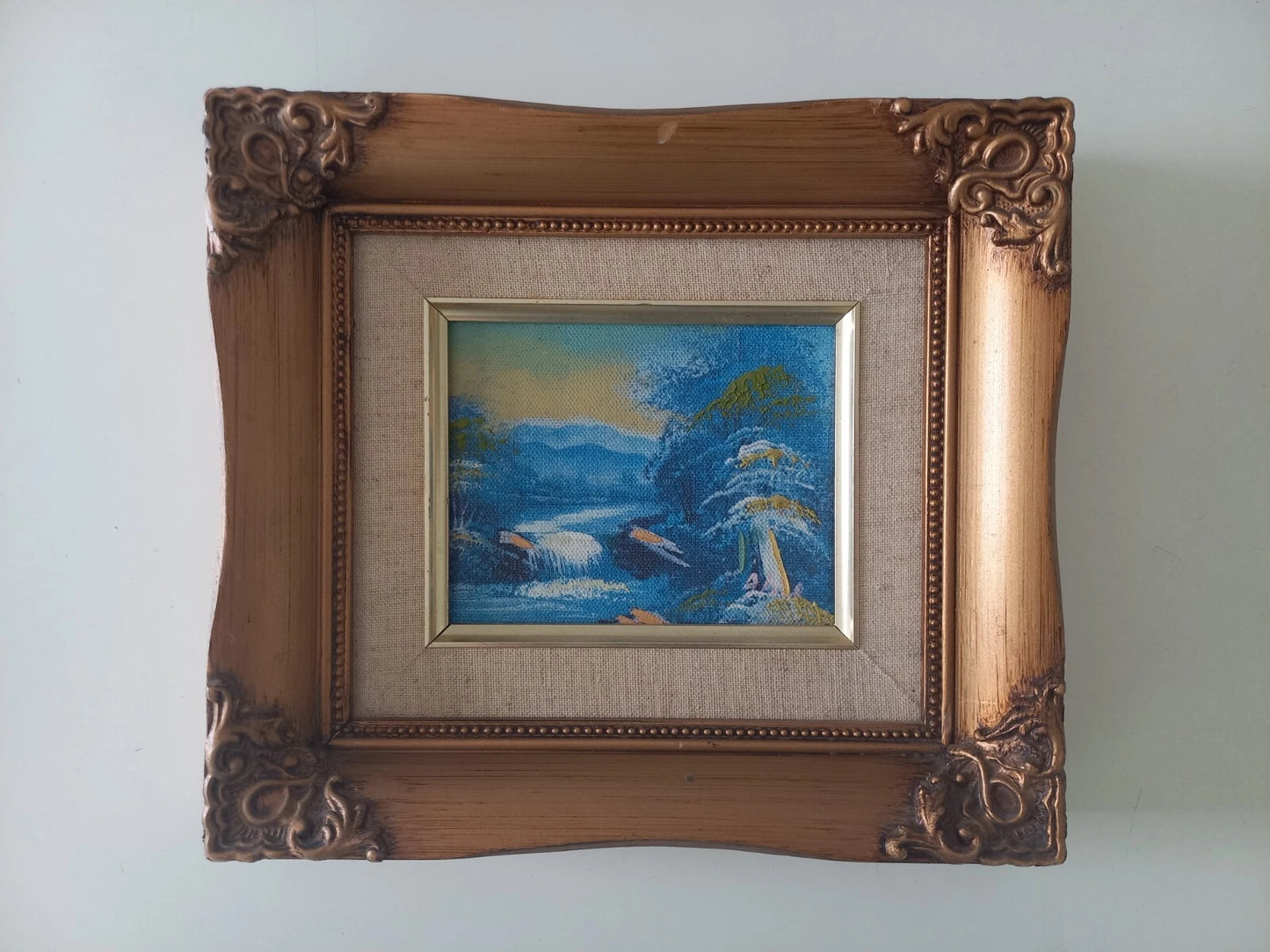 ORIGINAL Ölgemälde auf Leinwand inkl. Rahmen | Berglandschaft / Natur / Fluss | 23x20 cm