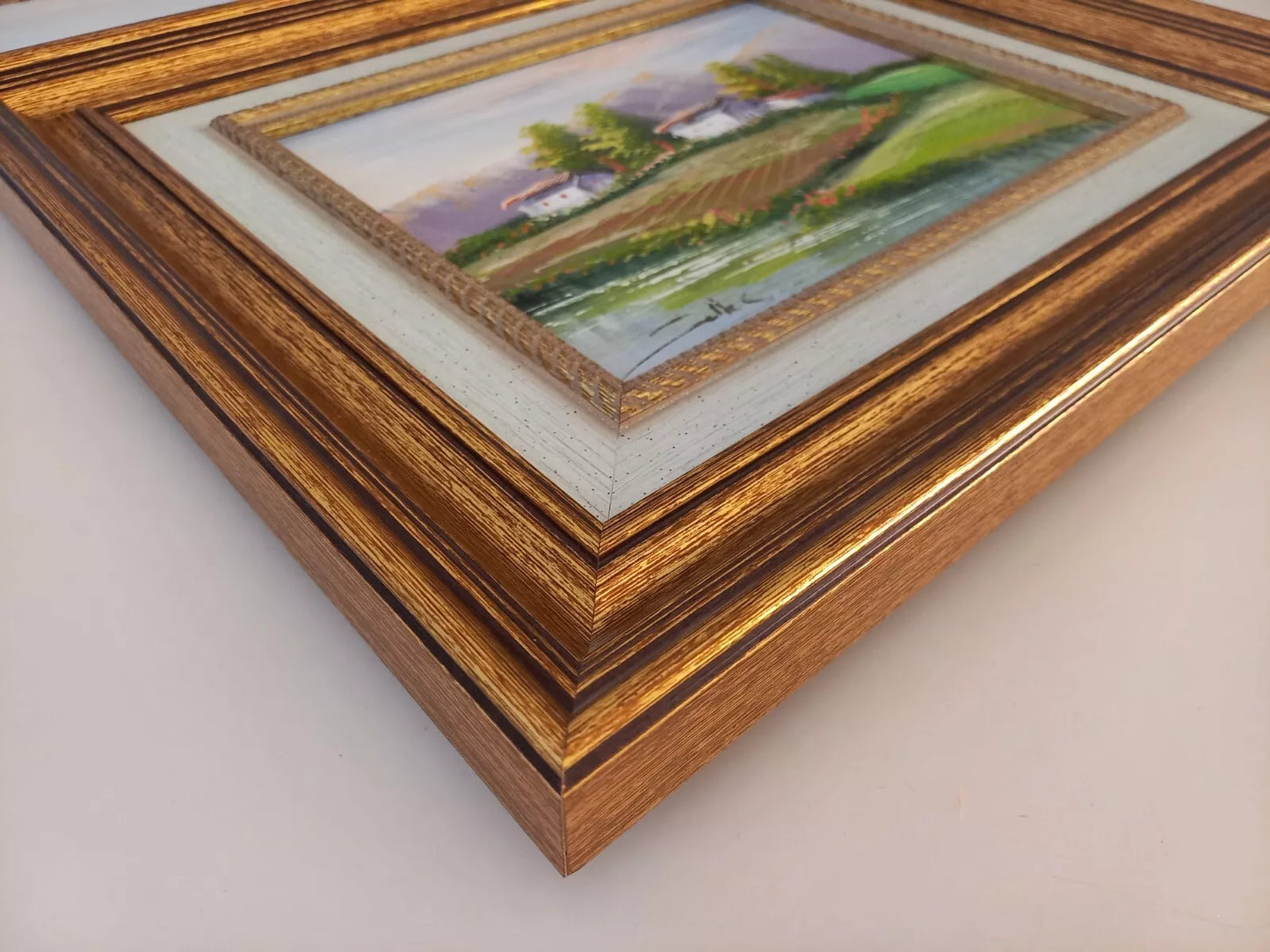 ORIGINAL Ölgemälde auf Leinwand inkl. Rahmen | Flusslandschaft / Berge | 38x33 cm | Signiert