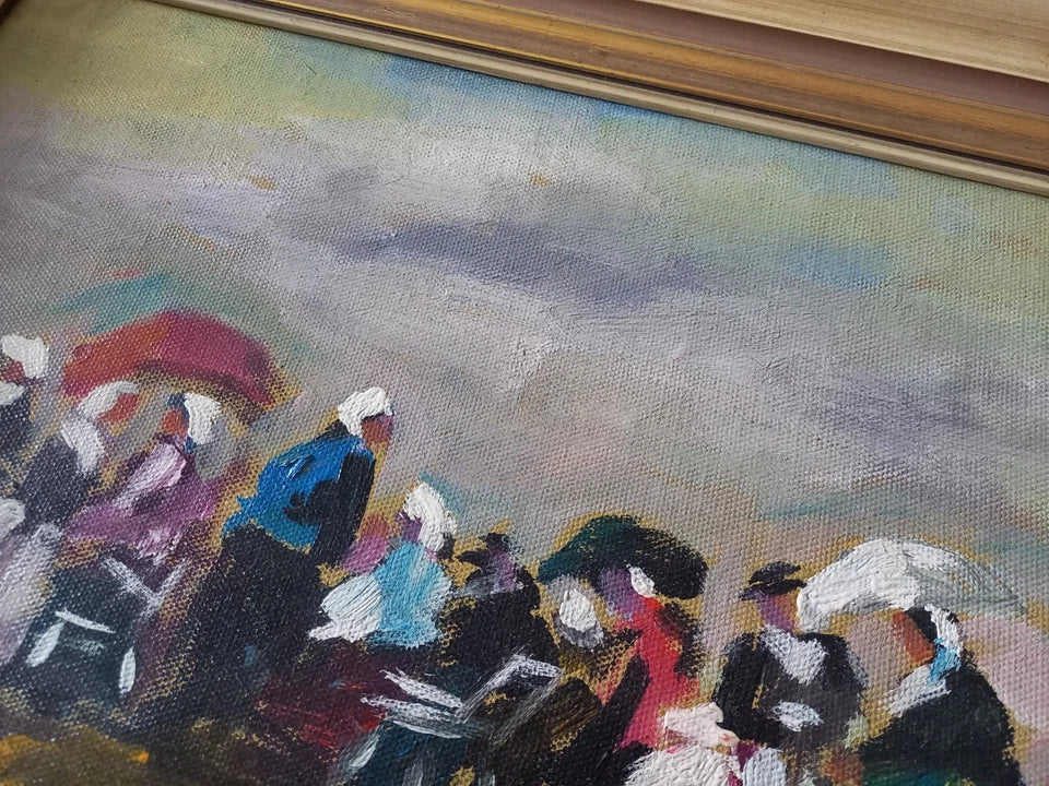 ORIGINAL Ölgemälde auf Karton inkl. Rahmen | Picknick am Strand / Abstrakt / Figuren | Signiert