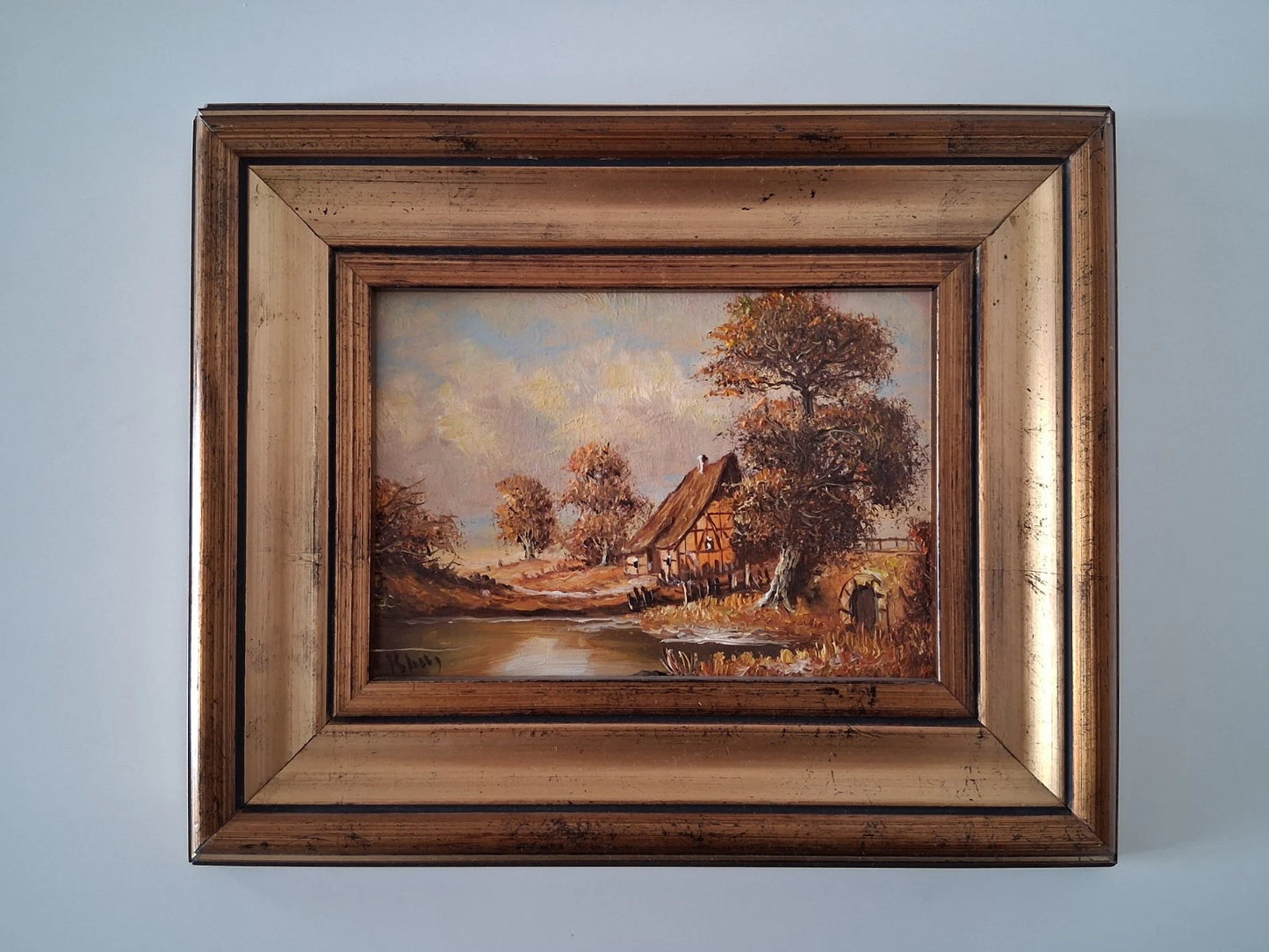 ORIGINAL Ölgemälde auf Karton inkl. Rahmen | Bauernhaus / Landschaft | 29x24 cm | Signiert