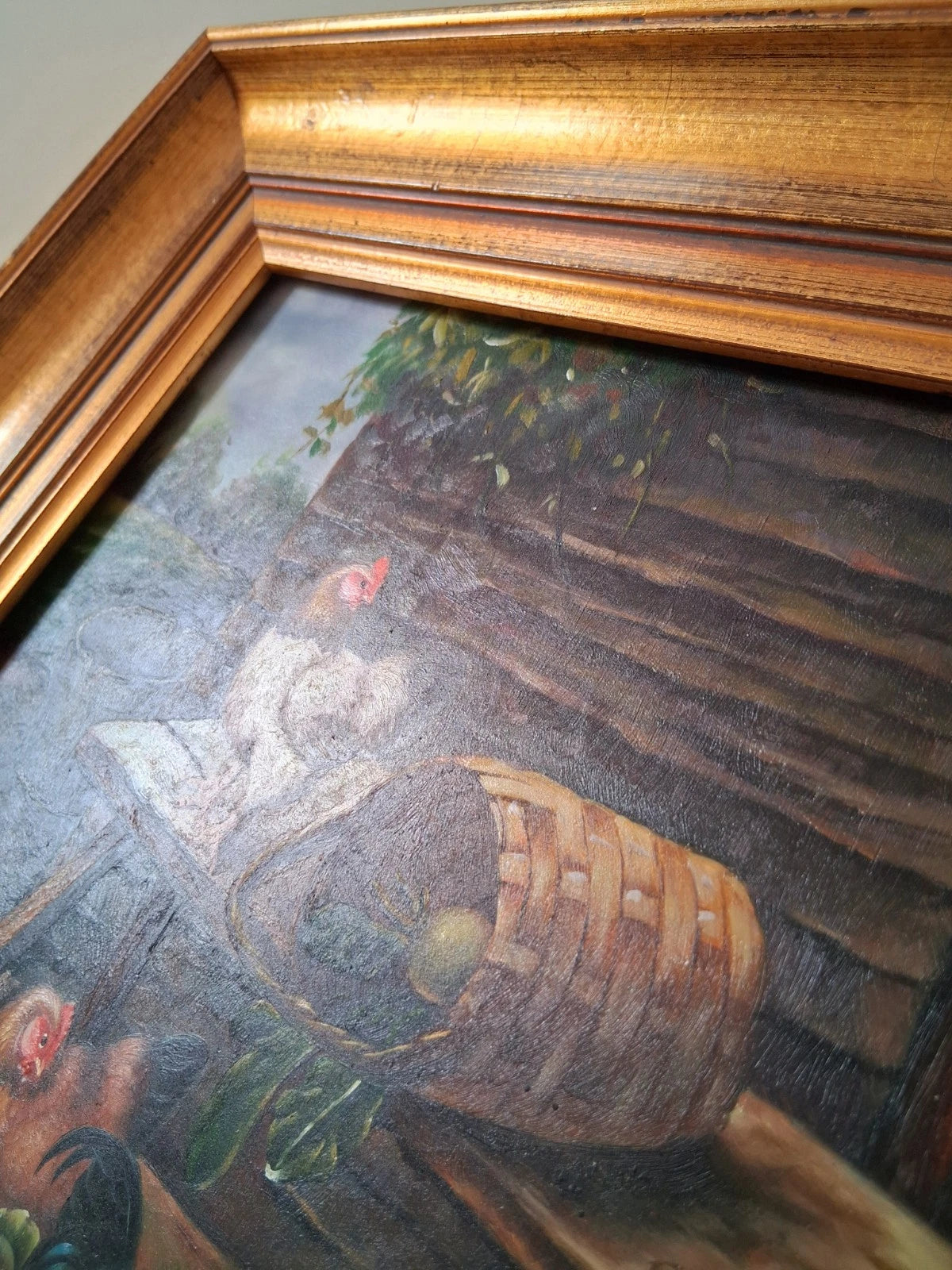 ORIGINAL Ölgemälde auf Holzplatte inkl. Rahmen | Hühnerstall / Bauernhof | Signiert: K. Koll