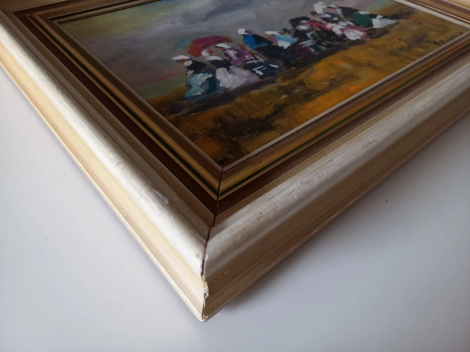 ORIGINAL Ölgemälde auf Karton inkl. Rahmen | Picknick am Strand / Abstrakt / Figuren | Signiert