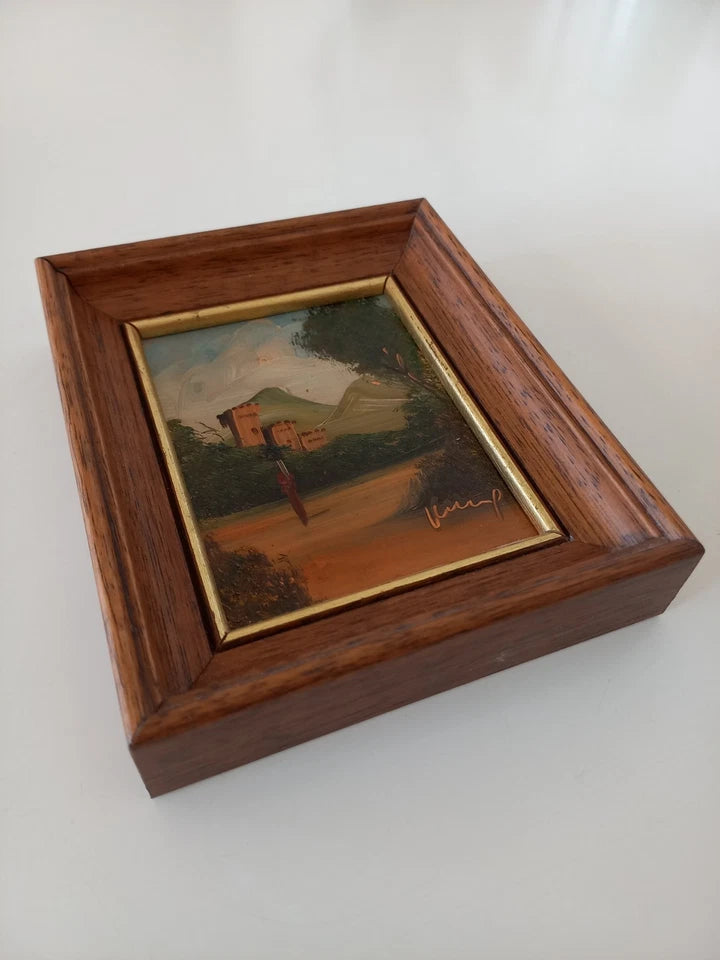 SELTENES KLEINES Ölgemälde auf Kupferplatte inkl. Rahmen | Landschaft / Burg / Italien | Signiert