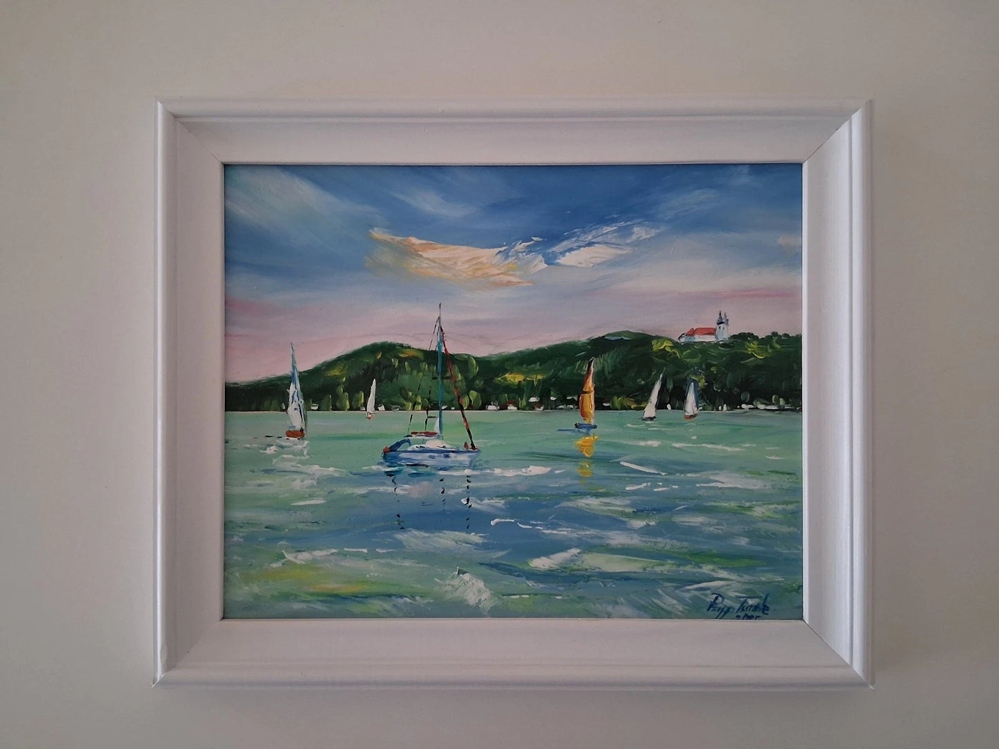 PAPP TÜNDE | Segelboote / Balaton / Tihany / Ungarn | ORIGINAL Ölgemälde auf Karton inkl. Rahmen