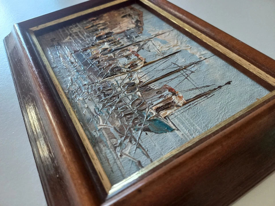 ORIGINAL Ölgemälde auf Karton | Fischerboote im Hafen | 19x14 cm | Signiert: N. JONES