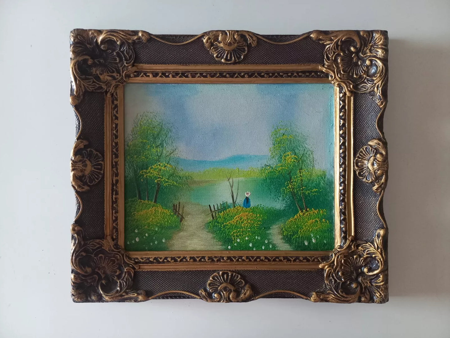 ORIGINAL Ölgemälde auf Leinwand inkl. Holzrahmen | Sommerlandschaft am See mit Figuren
