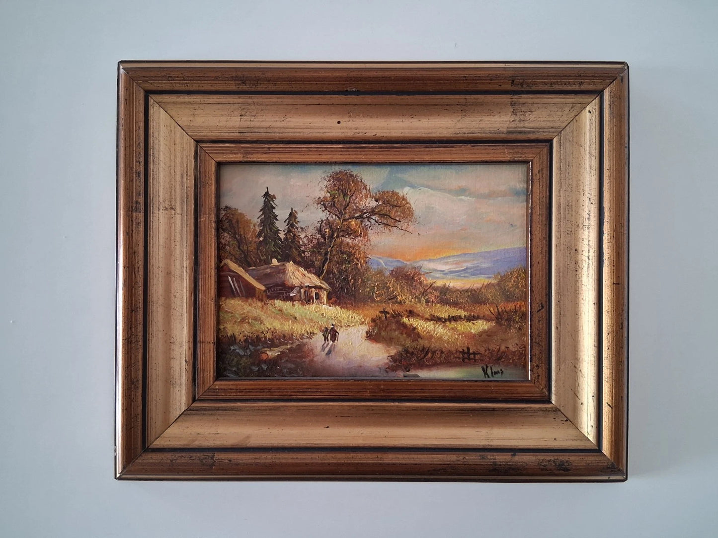 ORIGINAL Ölgemälde auf Karton inkl. Rahmen | Landschaft / Bauernhaus | 29x24 cm | Signiert