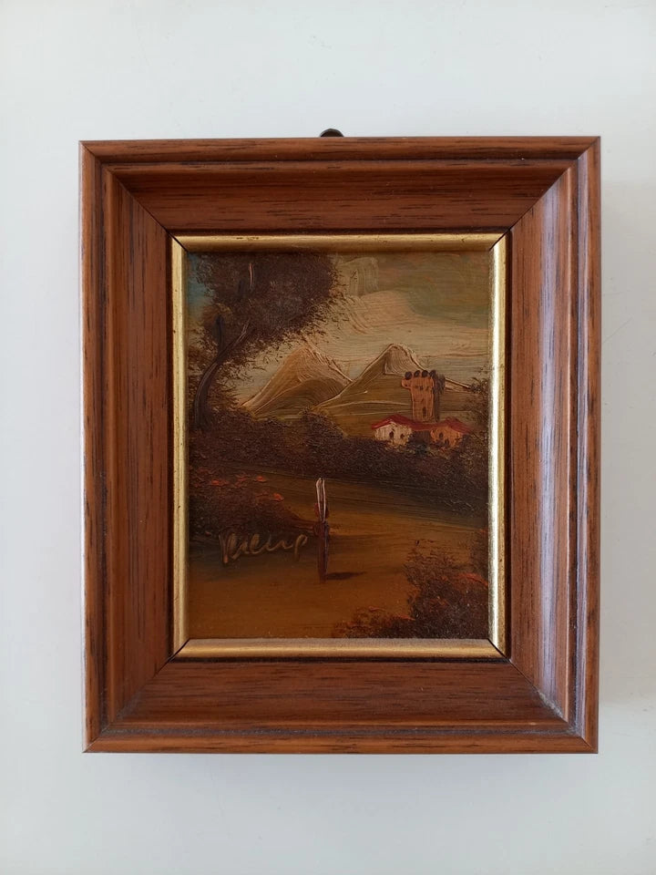 SELTENES KLEINES Ölgemälde auf Kupferplatte inkl. Rahmen | Landschaft / Burg / Italien | Signiert