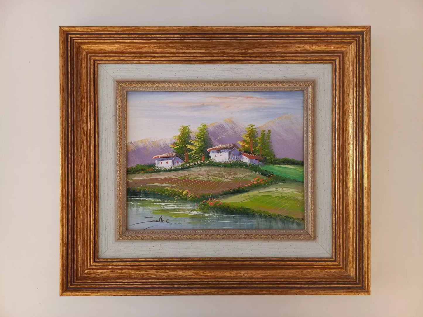 ORIGINAL Ölgemälde auf Leinwand inkl. Rahmen | Flusslandschaft / Berge | 38x33 cm | Signiert