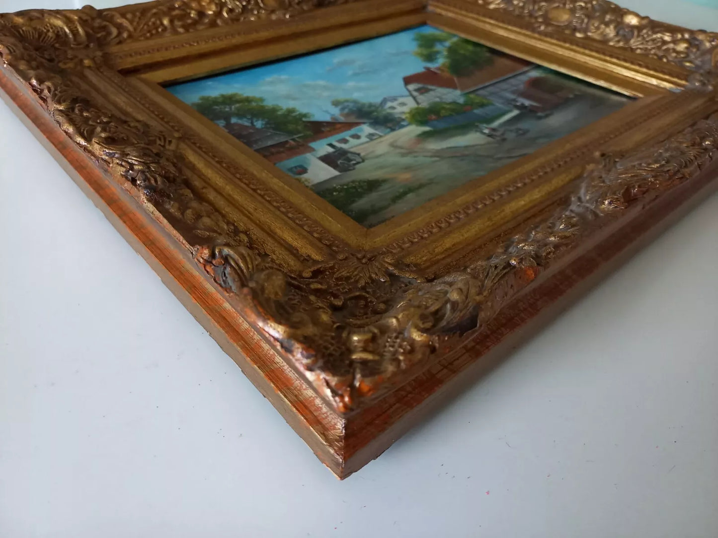 ORIGINAL Ölgemälde auf Holzplatte inkl. antikem Rahmen | Fachwerkhäuser / Dorfleben | Signiert