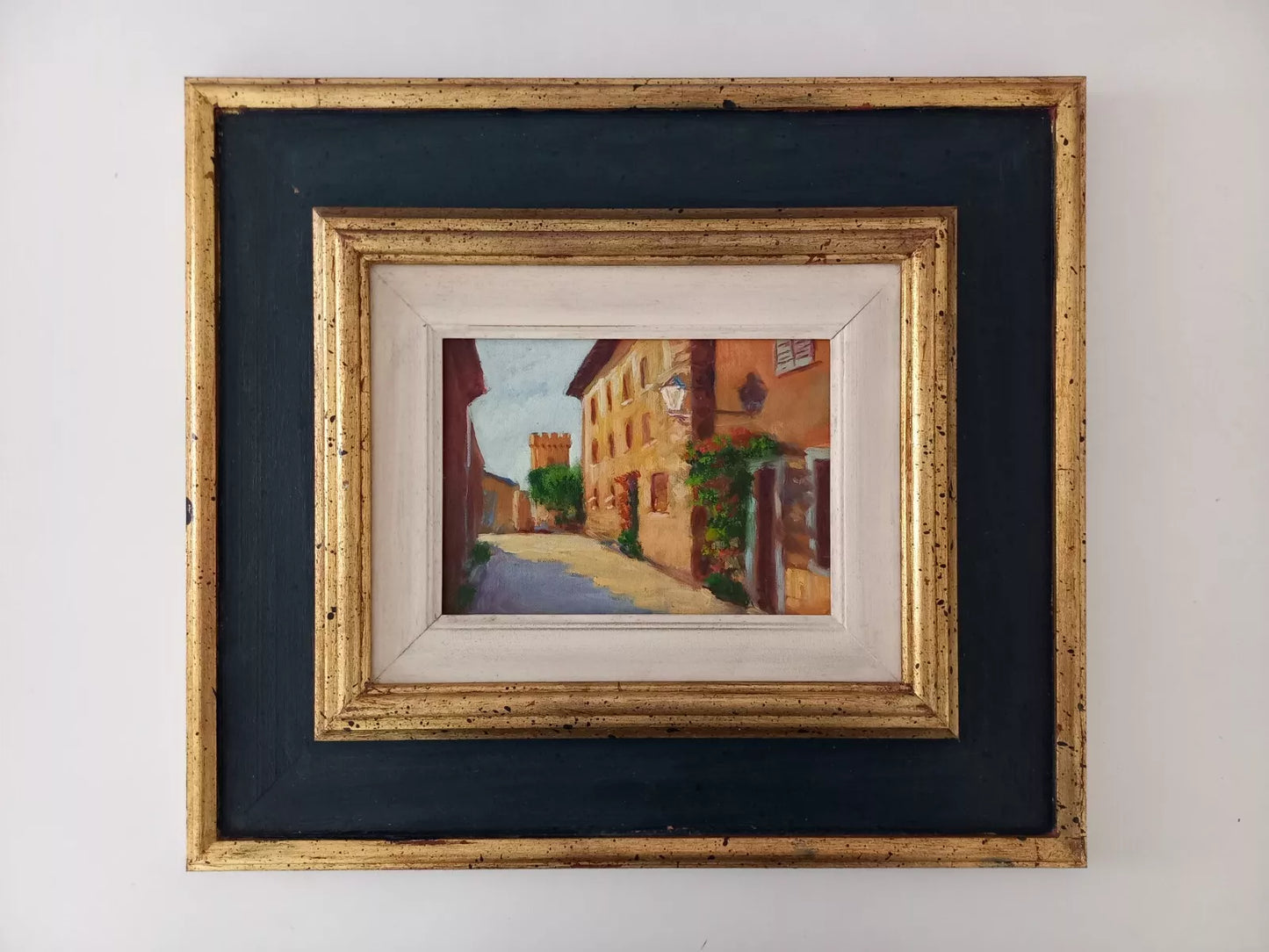 ORIGINAL Ölgemälde auf Karton inkl. Rahmen | Stadtansicht mit Burgturm | 39x35 cm