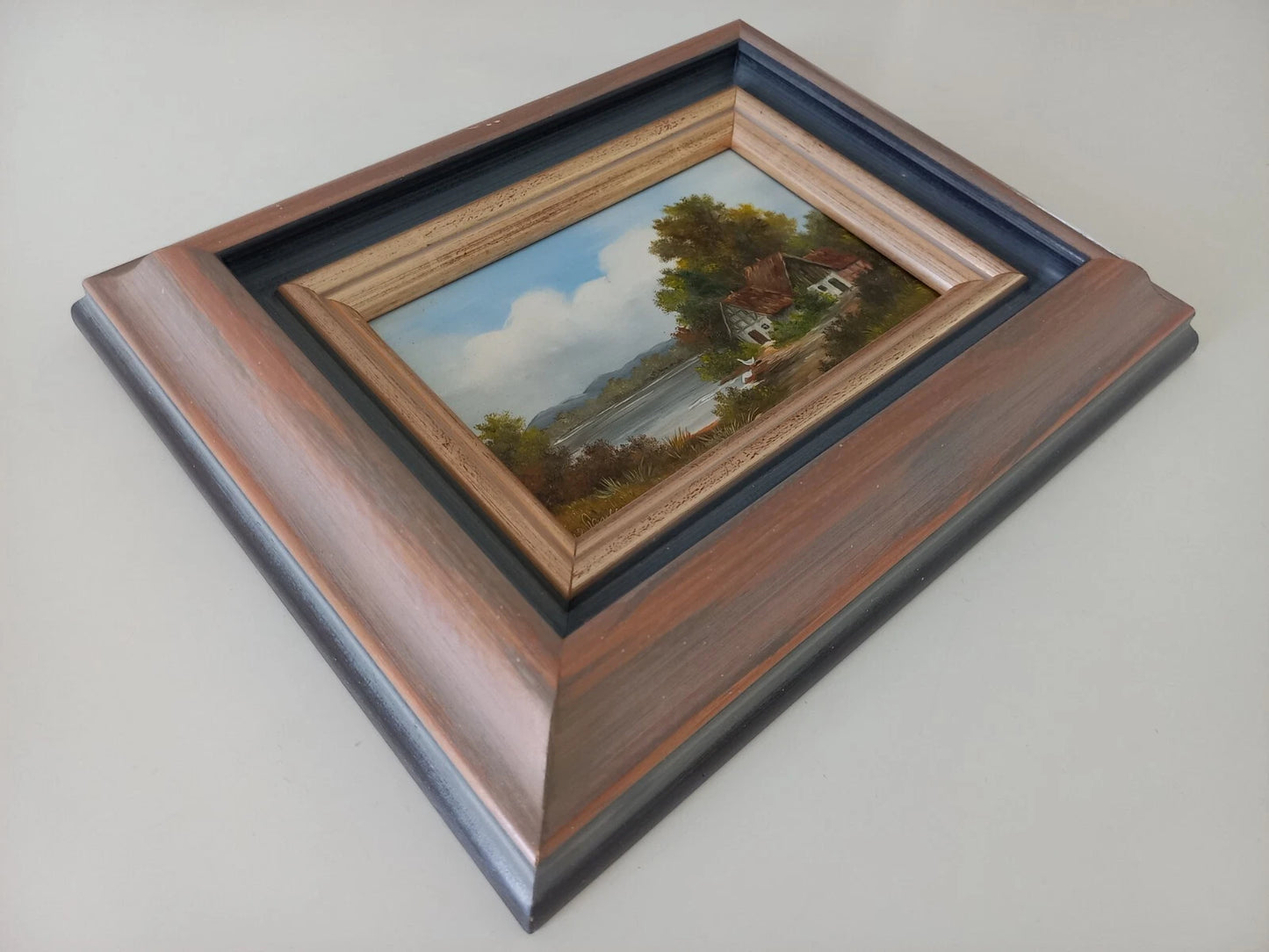 ORIGINAL Ölgemälde auf Holzplatte | Landschaft / Bauernhaus am See | Signiert: VON PAPEN