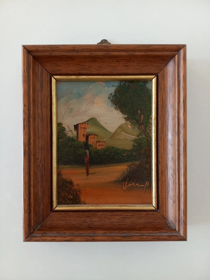 SELTENES KLEINES Ölgemälde auf Kupferplatte inkl. Rahmen | Landschaft / Burg / Italien | Signiert