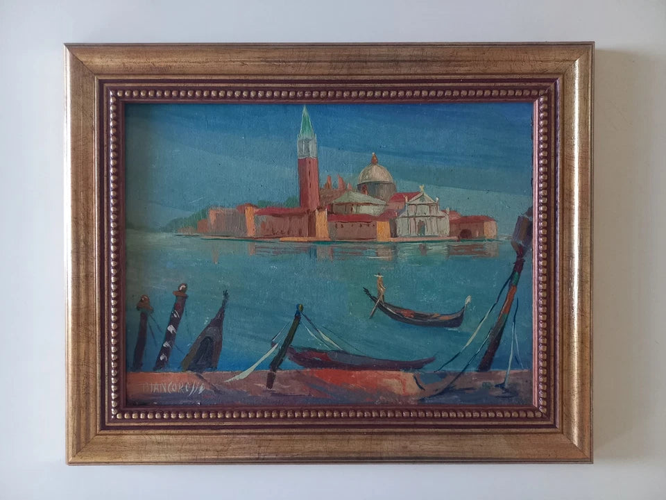 ORIGINAL Ölgemälde auf Karton inkl. Rahmen | San Marco / Markusturm / Venedig | Signiert
