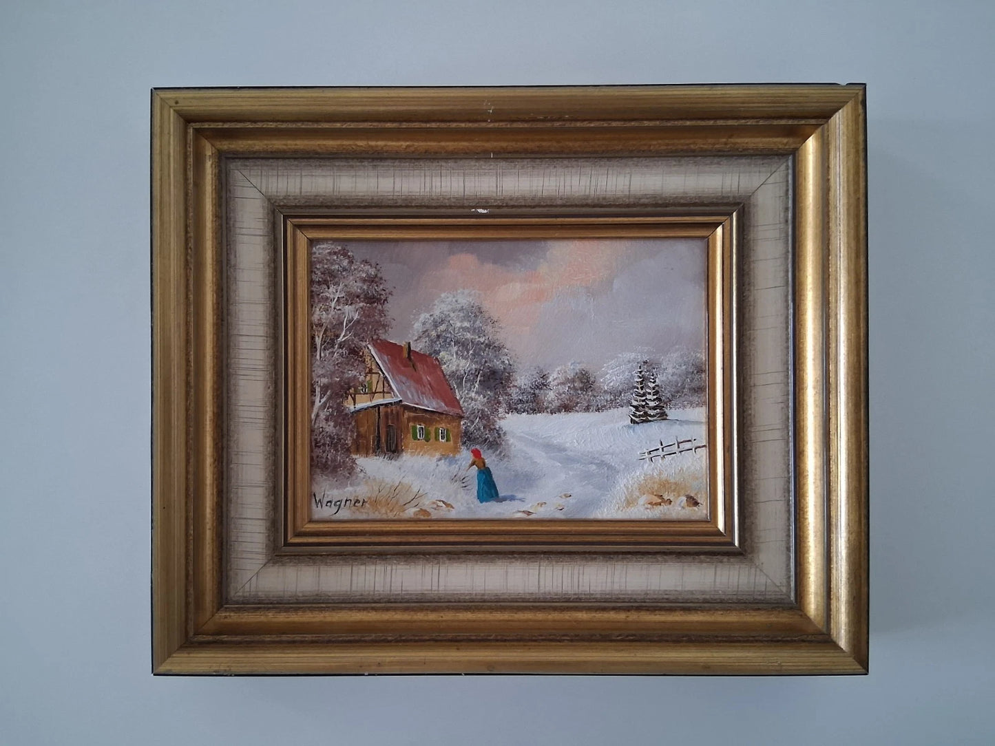 ORIGINAL Ölgemälde auf Karton inkl. Rahmen | Bauernhaus / Winterlandschaft mit Figur | Signiert