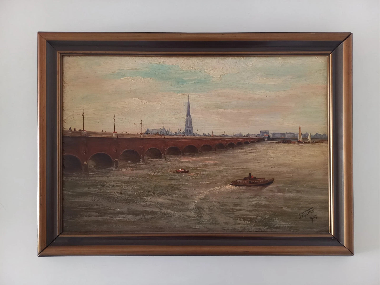 J. FRANCO | Pont de Pierre / Bordeaux | ORIGINAL Ölgemälde auf Holzplatte inkl. Rahmen (1943)