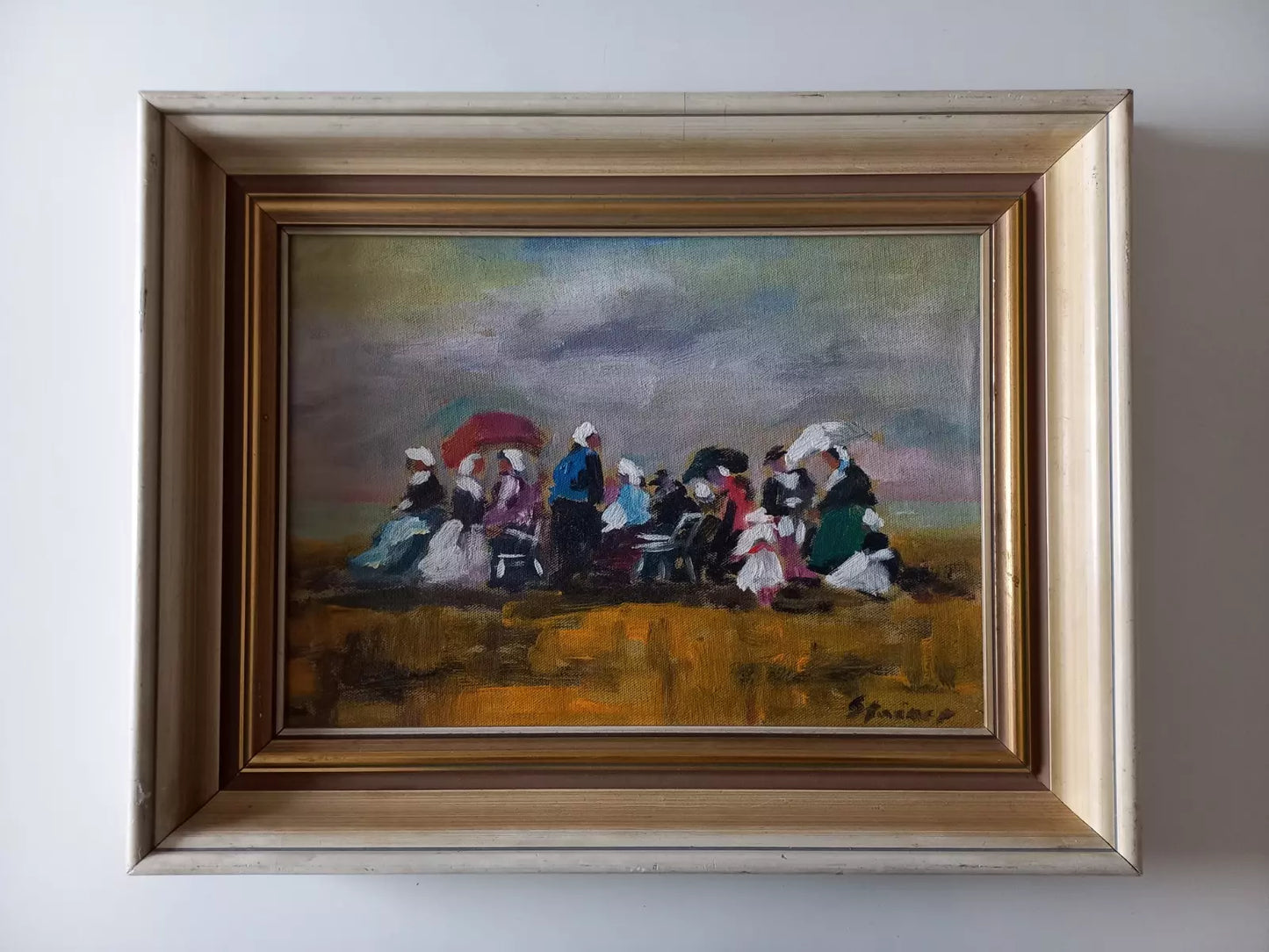 ORIGINAL Ölgemälde auf Karton inkl. Rahmen | Picknick am Strand / Abstrakt / Figuren | Signiert