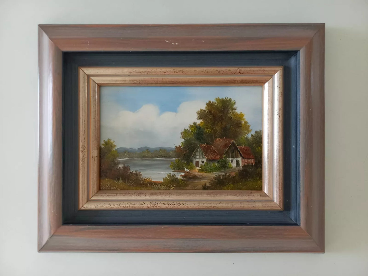 ORIGINAL Ölgemälde auf Holzplatte | Landschaft / Bauernhaus am See | Signiert: VON PAPEN