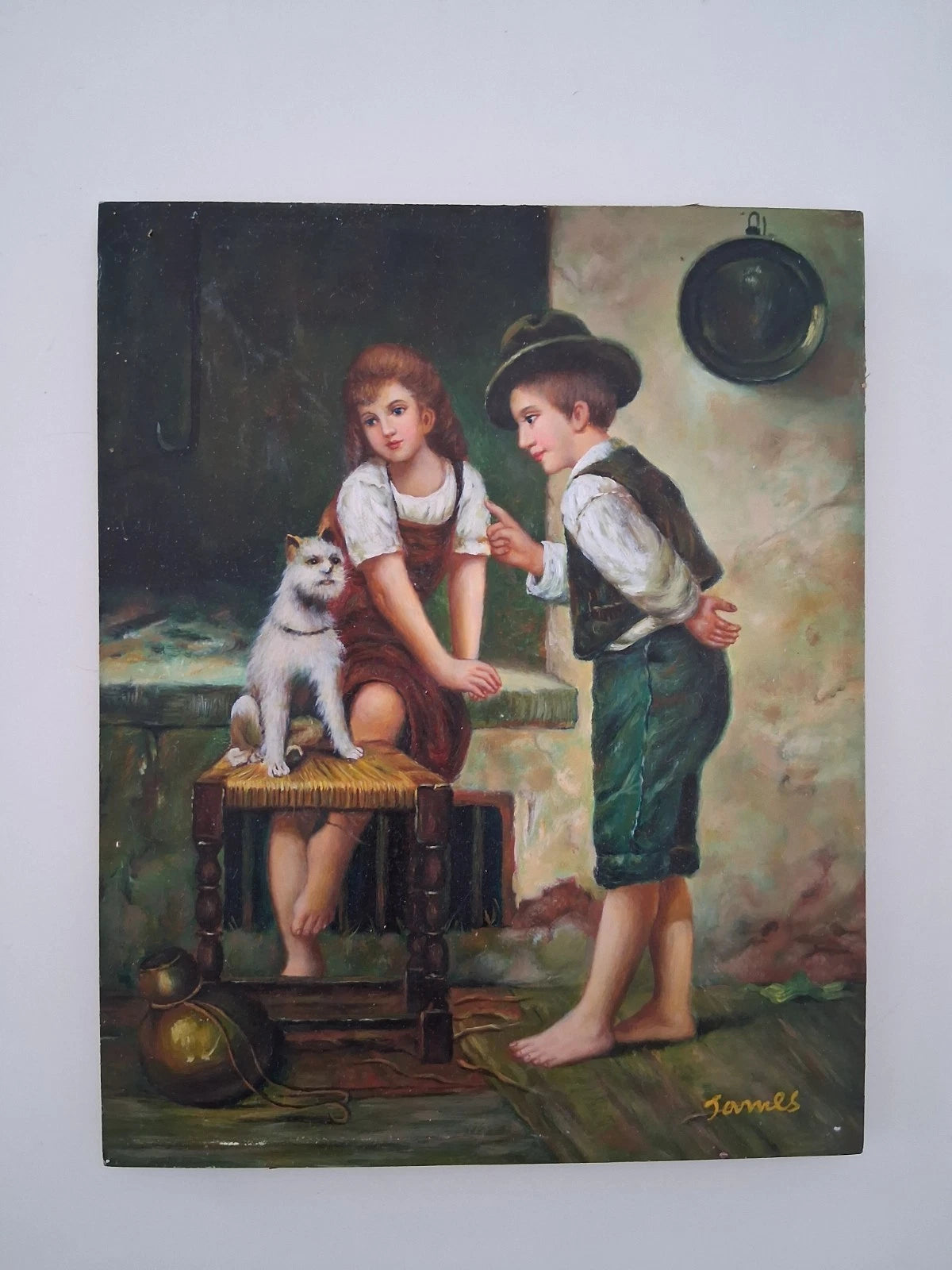 ORIGINAL Ölgemälde auf Holzplatte | Kinder mit Hund / Portrait | 20x25 cm | Signiert: JAMES
