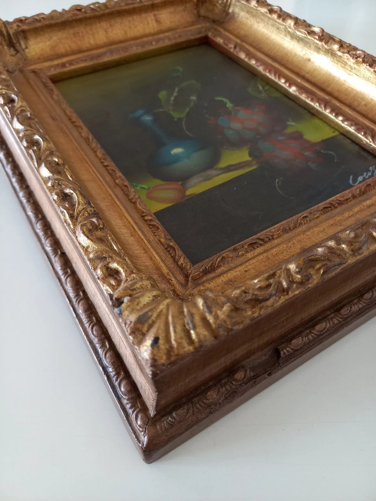 ORIGINAL Ölgemälde auf Karton inkl. Rahmen | Stillleben / Weintrauben | 21x26 cm | Signiert