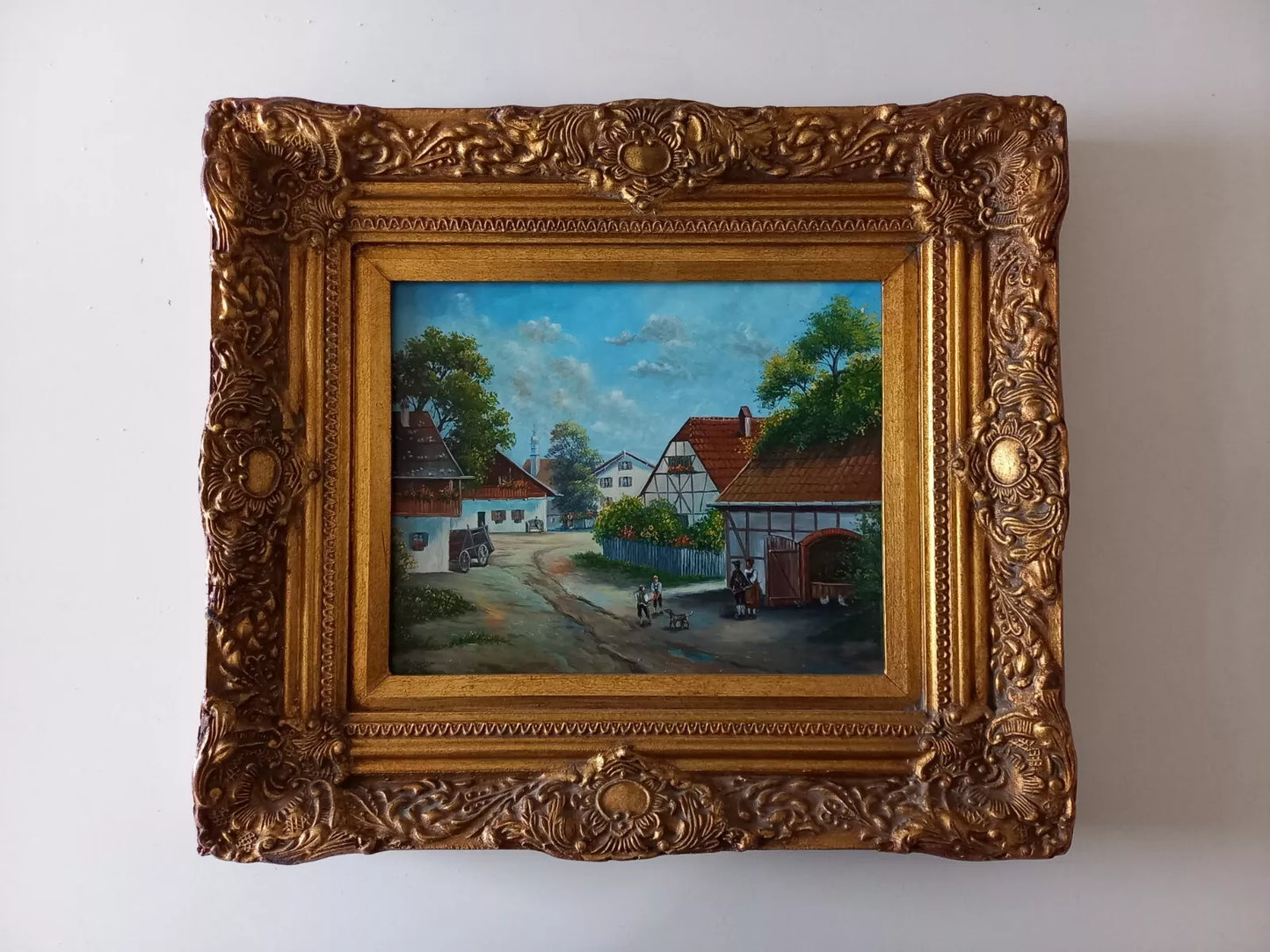 ORIGINAL Ölgemälde auf Holzplatte inkl. antikem Rahmen | Fachwerkhäuser / Dorfleben | Signiert