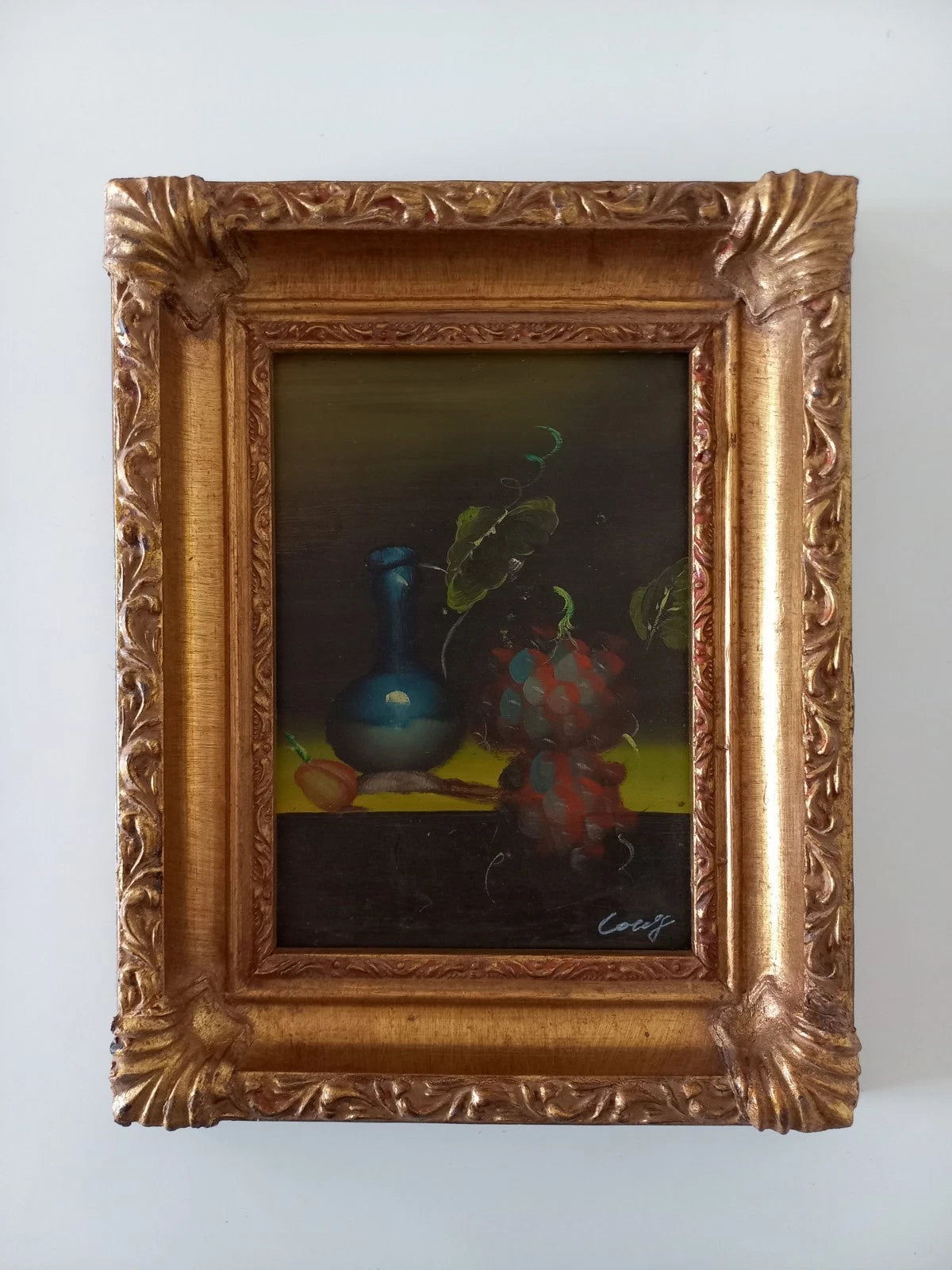 ORIGINAL Ölgemälde auf Karton inkl. Rahmen | Stillleben / Weintrauben | 21x26 cm | Signiert