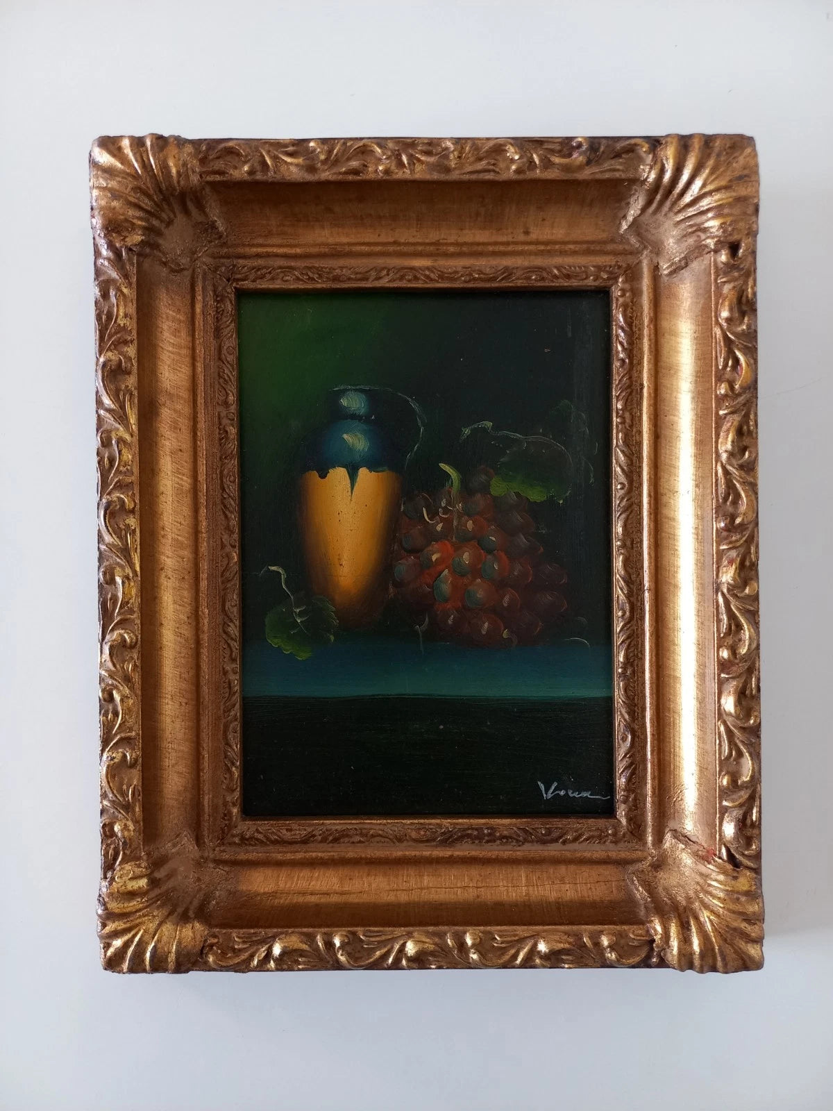 ORIGINAL Ölgemälde auf Karton inkl. Rahmen | Stillleben / Weintrauben | 21x26 cm | Signiert