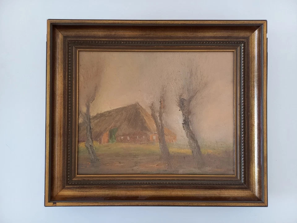 ORIGINAL Ölgemälde auf Leinwand inkl. Rahmen | Reetdachhaus / Nebel / Ostfriesland | Signiert