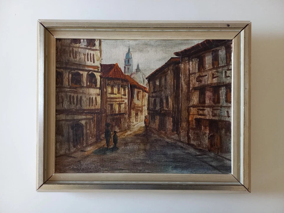 ORIGINAL Ölgemälde auf Leinwand inkl. Rahmen | Stadtansicht / Stadtszene mit Figuren | Signiert