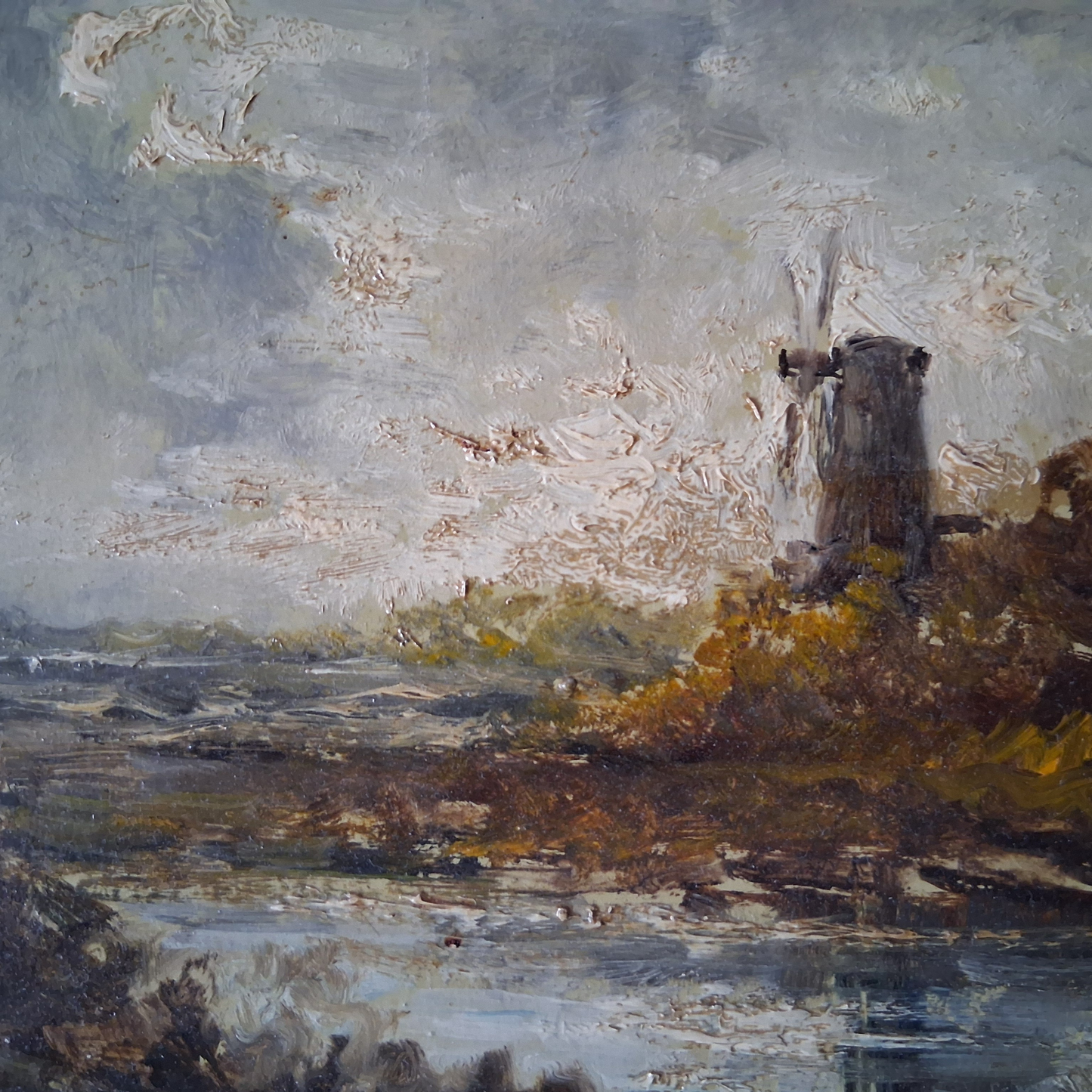 ORIGINAL Ölgemälde auf Holzplatte inkl. antikem Rahmen | Fluss / Landschaft / Windmühle | Signiert