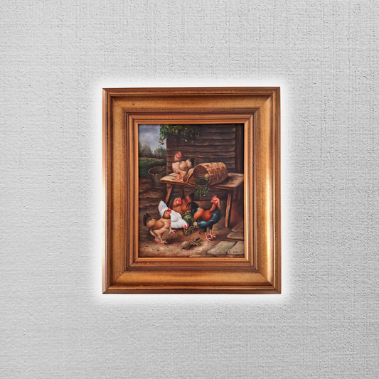 ORIGINAL Ölgemälde auf Holzplatte inkl. Rahmen | Hühnerstall / Bauernhof | Signiert: K. Koll