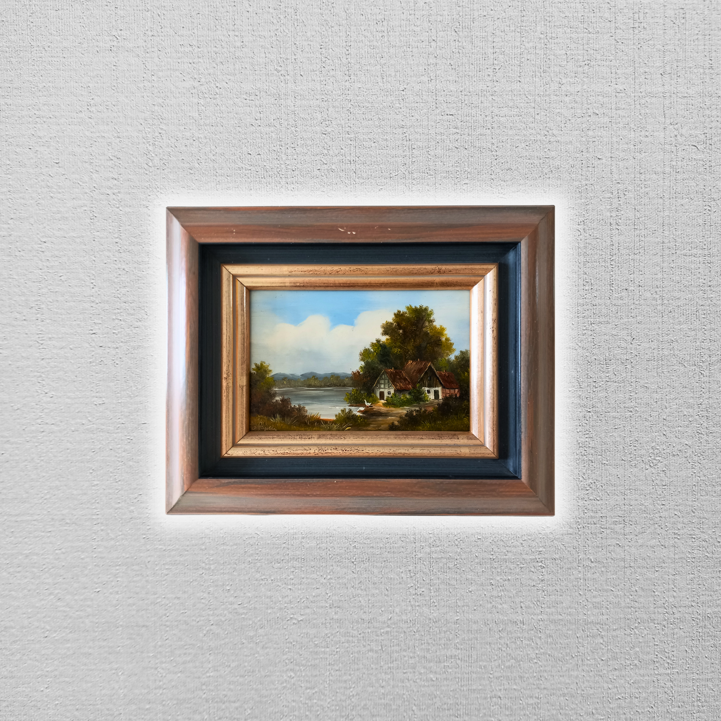 ORIGINAL Ölgemälde auf Holzplatte | Landschaft / Bauernhaus am See | Signiert: VON PAPEN