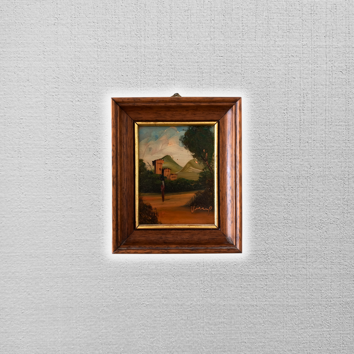 SELTENES KLEINES Ölgemälde auf Kupferplatte inkl. Rahmen | Landschaft / Burg / Italien | Signiert