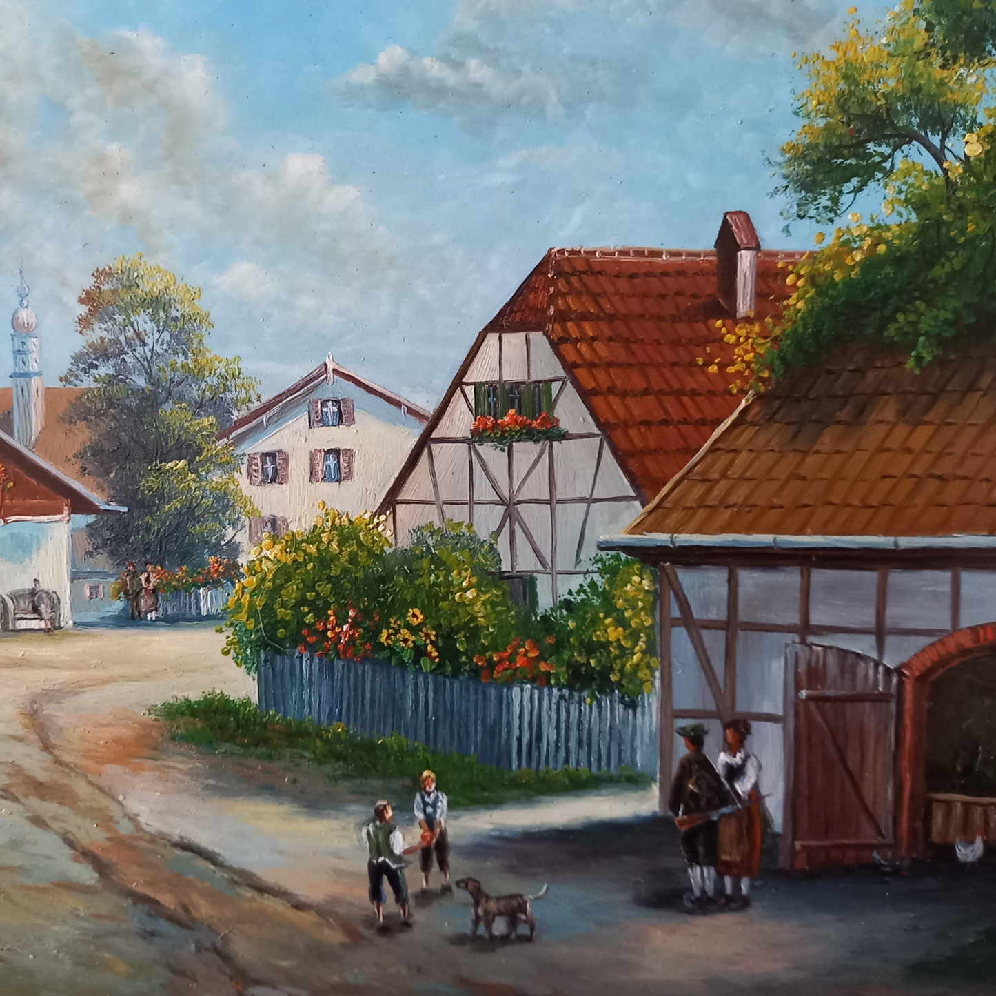 ORIGINAL Ölgemälde auf Holzplatte inkl. antikem Rahmen | Fachwerkhäuser / Dorfleben | Signiert