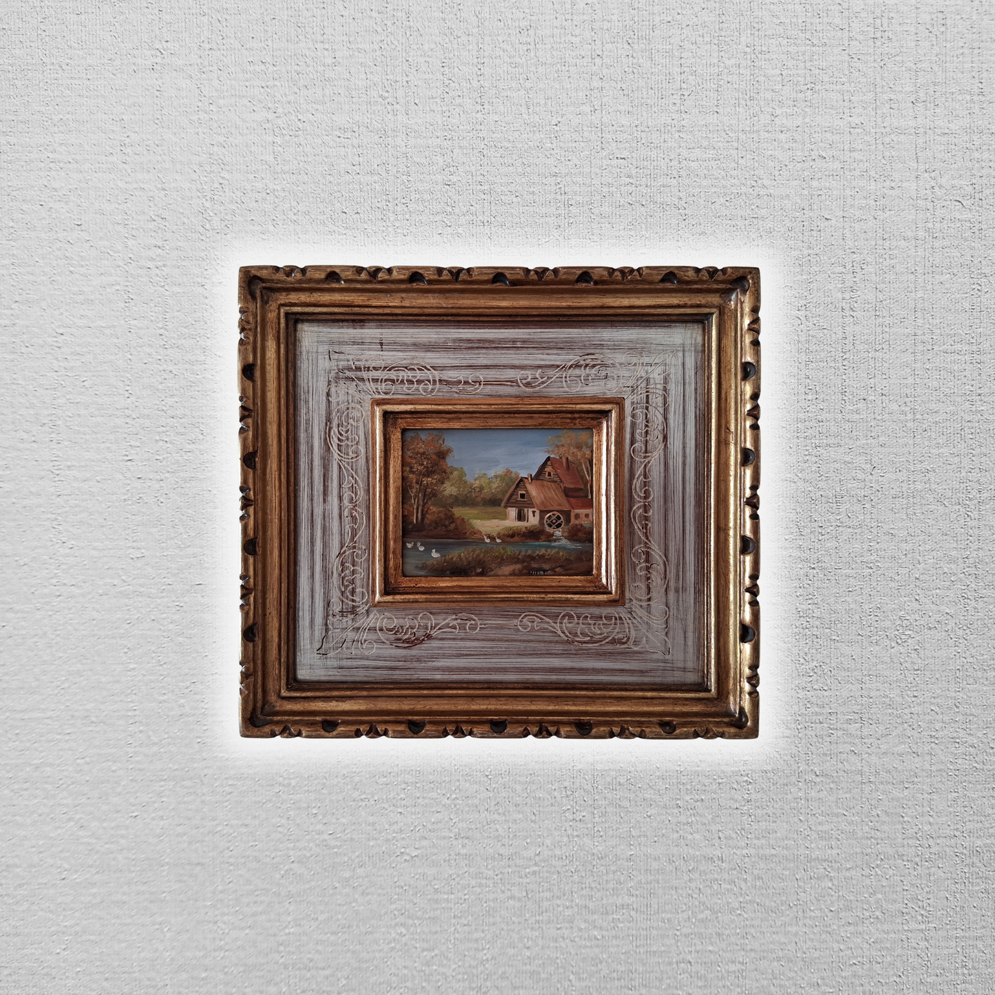 ORIGINAL Ölgemälde auf Karton inkl. Rahmen | Bauernhaus / Landschaft | 22x20 cm | Signiert