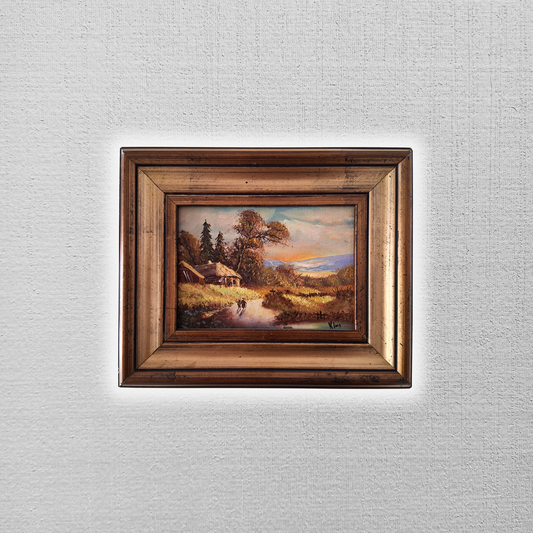 ORIGINAL Ölgemälde auf Karton inkl. Rahmen | Landschaft / Bauernhaus | 29x24 cm | Signiert