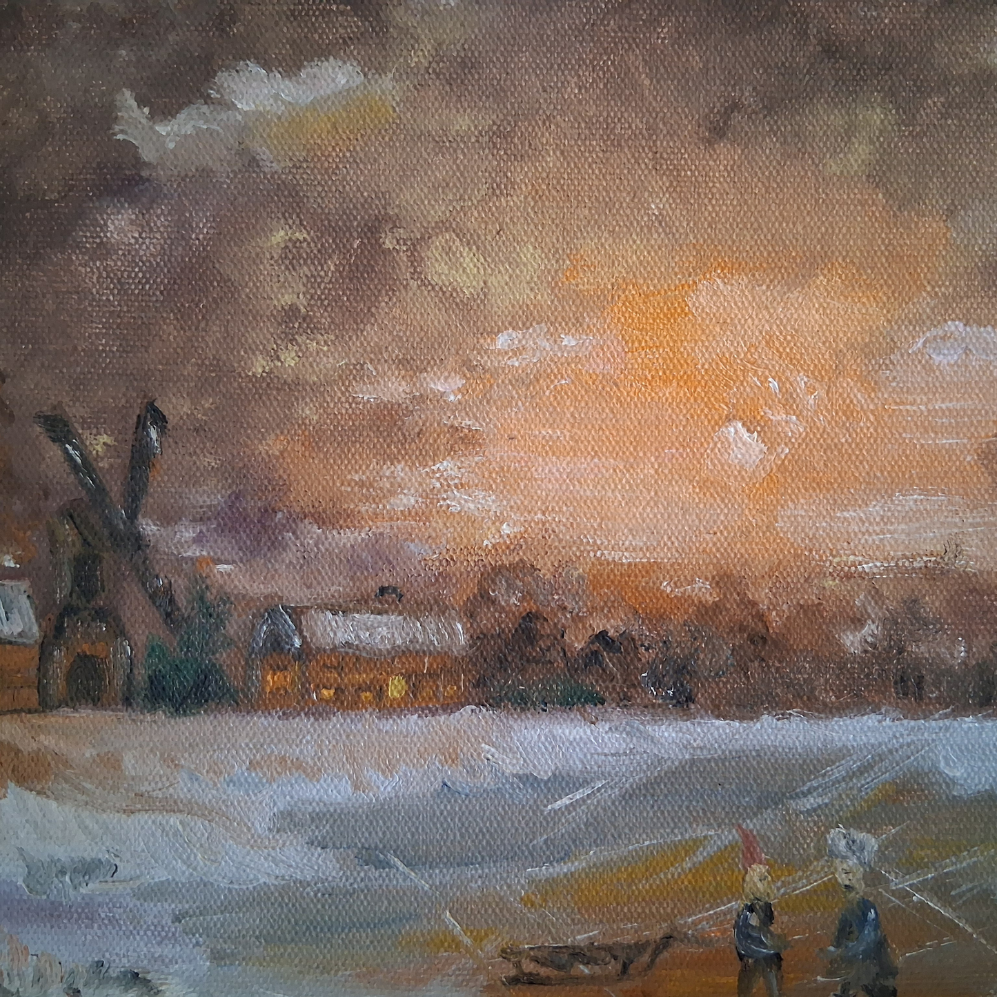 ORIGINAL Ölgemälde auf Leinwand inkl. Rahmen | Winterlandschaft / Windmühle | Signiert