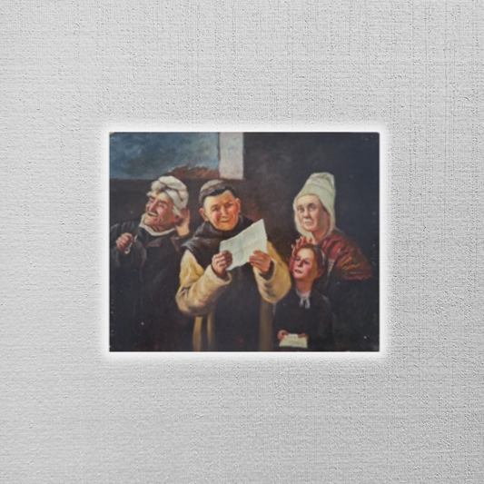 ORIGINAL Ölgemälde auf Holzplatte | Lesender Mönch / Menschen / Portrait | 25x20 cm | Signiert