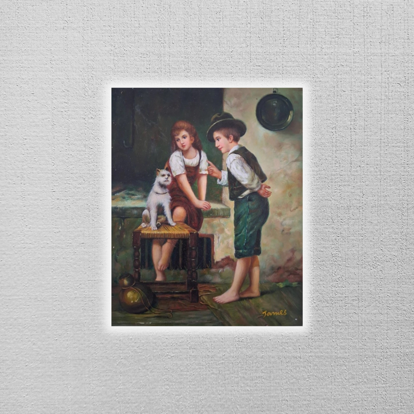 ORIGINAL Ölgemälde auf Holzplatte | Kinder mit Hund / Portrait | 20x25 cm | Signiert: JAMES