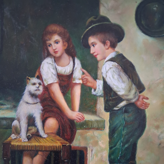 ORIGINAL Ölgemälde auf Holzplatte | Kinder mit Hund / Portrait | 20x25 cm | Signiert: JAMES