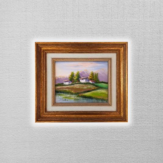 ORIGINAL Ölgemälde auf Leinwand inkl. Rahmen | Flusslandschaft / Berge | 38x33 cm | Signiert