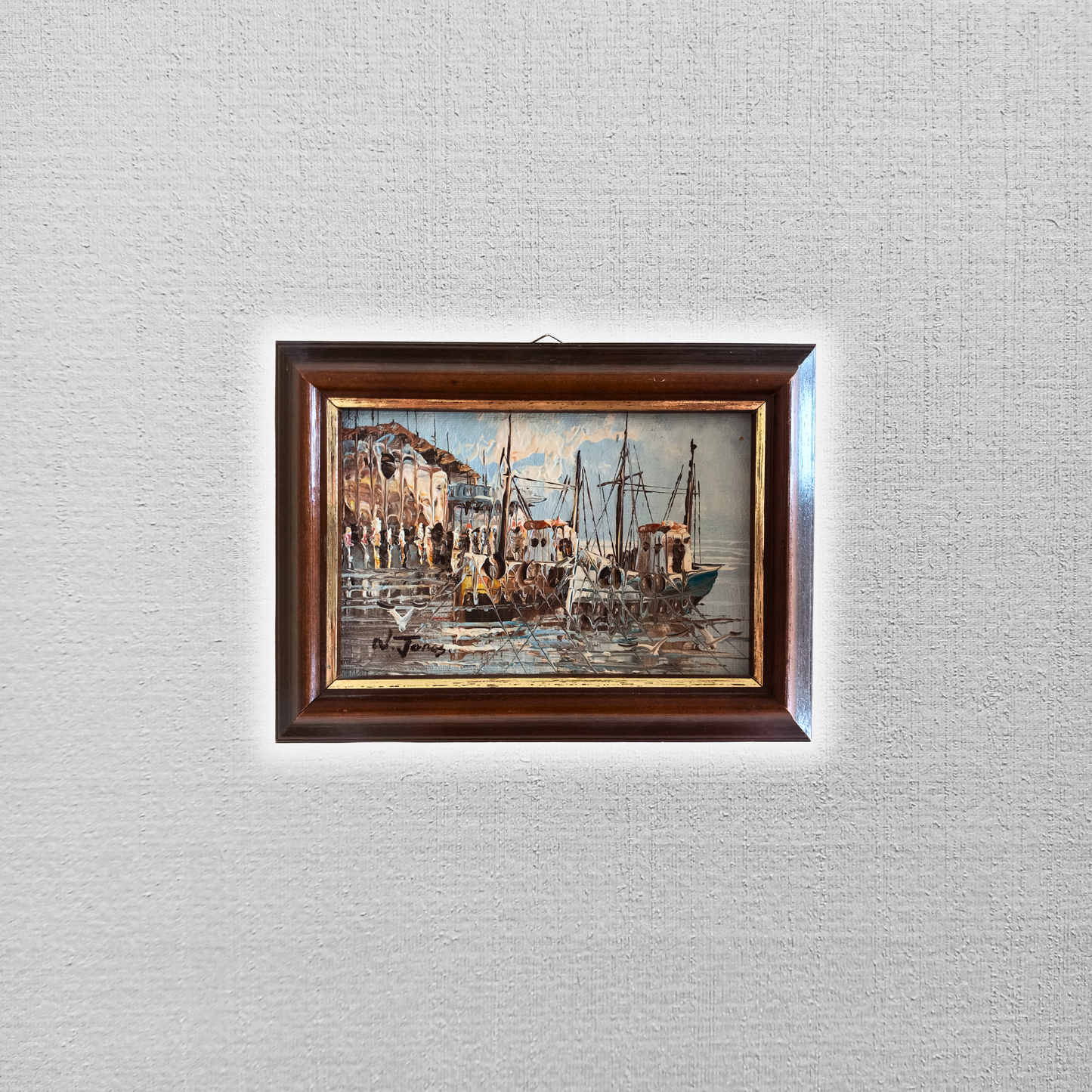 ORIGINAL Ölgemälde auf Karton | Fischerboote im Hafen | 19x14 cm | Signiert: N. JONES