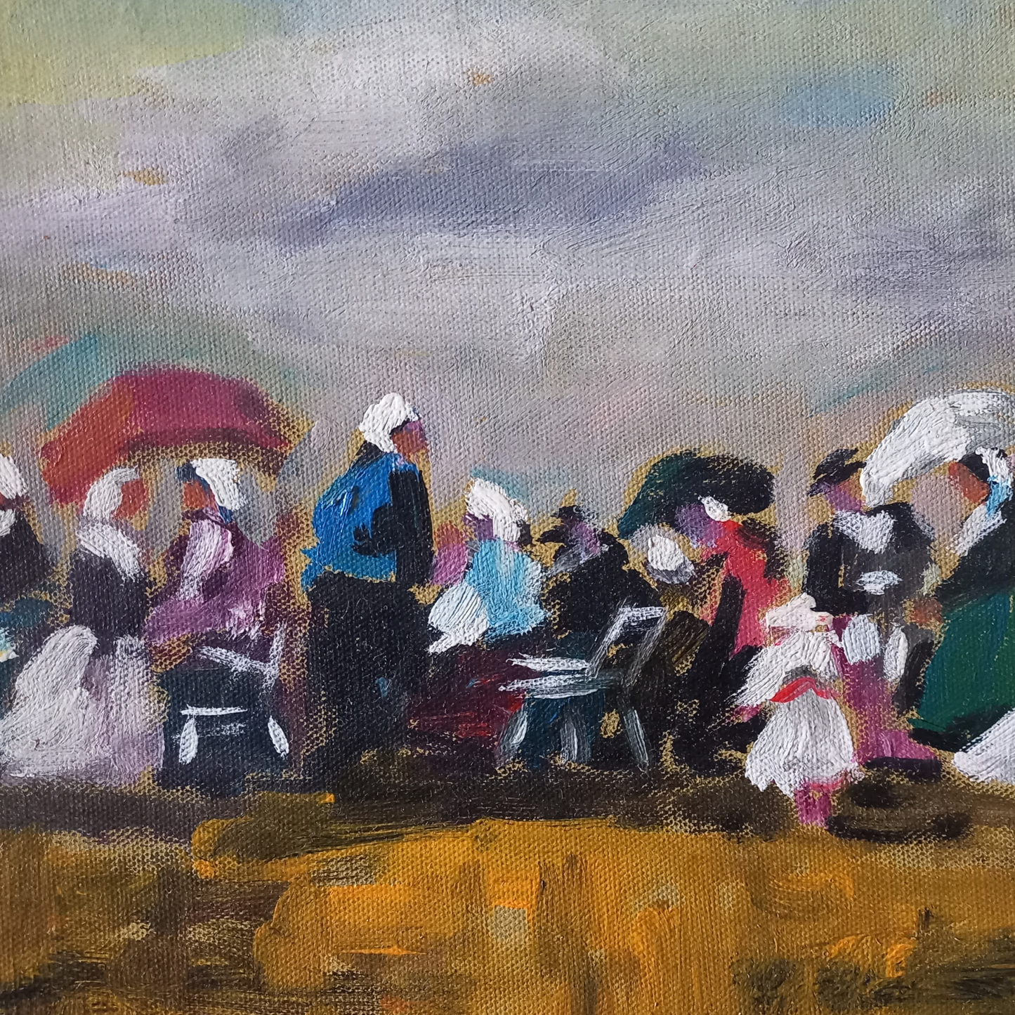 ORIGINAL Ölgemälde auf Karton inkl. Rahmen | Picknick am Strand / Abstrakt / Figuren | Signiert