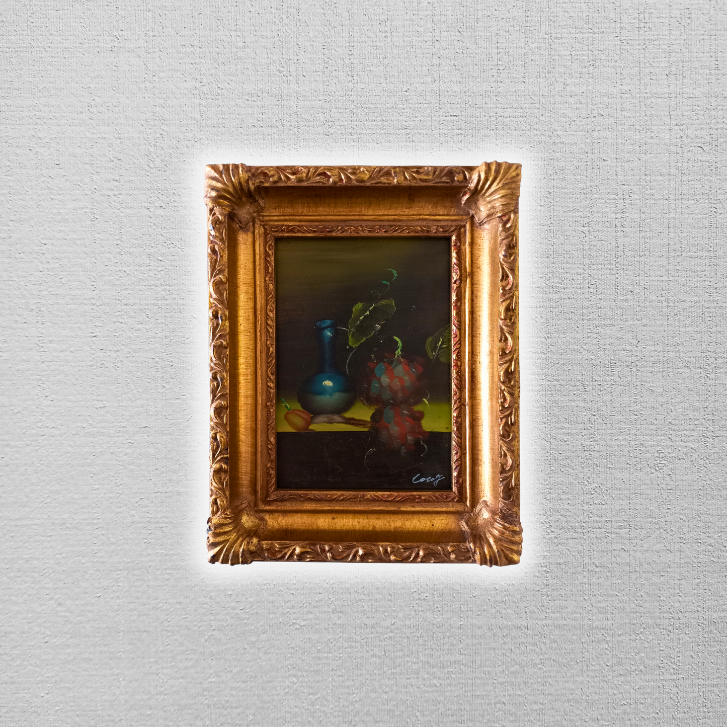 ORIGINAL Ölgemälde auf Karton inkl. Rahmen | Stillleben / Weintrauben | 21x26 cm | Signiert