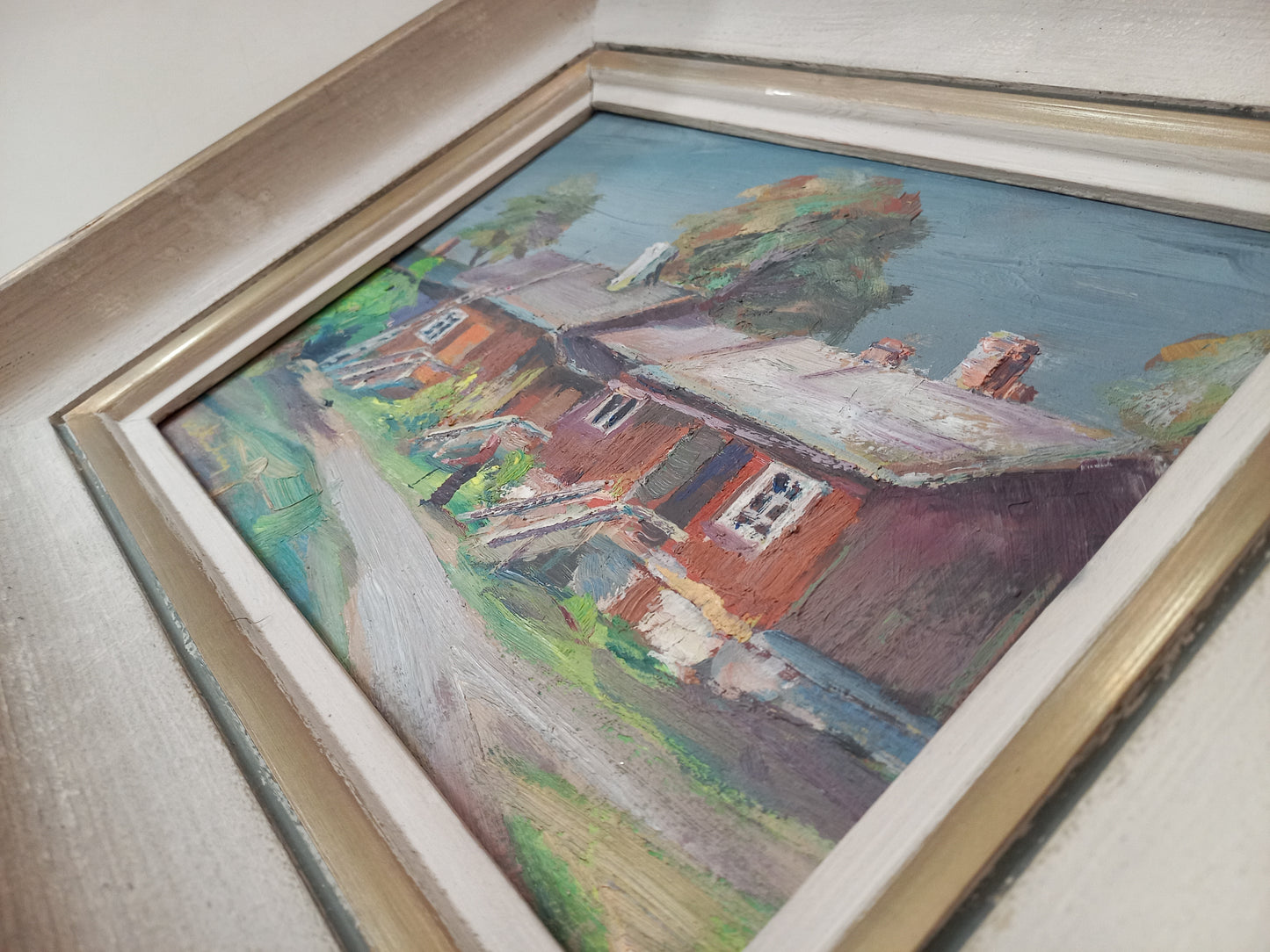 ORIGINAL Ölgemälde auf Karton inkl. Rahmen | Landschaft / Bauernhaus mit Figur | Signiert